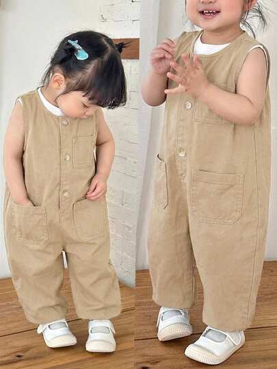 SHEIN 女婴深蓝色牛仔无袖白色条纹连体锥形裤