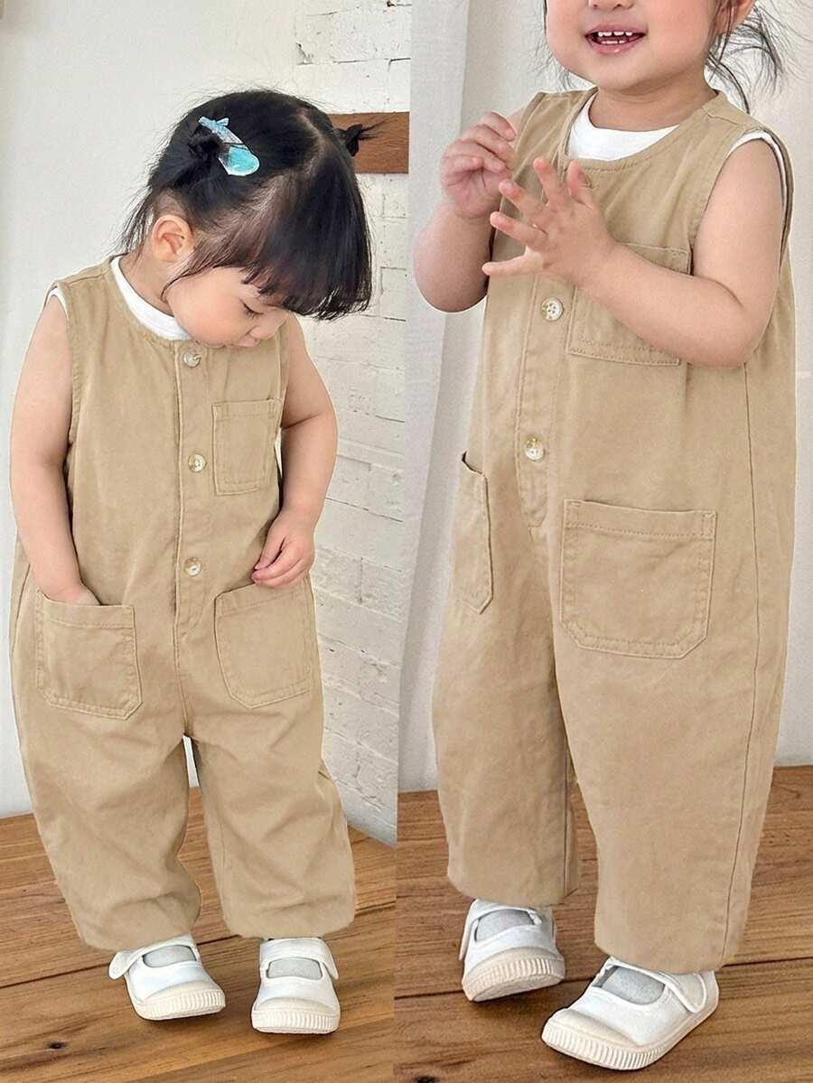 SHEIN 女婴深蓝色牛仔无袖白色条纹连体锥形裤 - 卡其色 - 查看 1