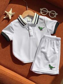 SHEIN Baby Boy Summer Cute White Short Sleeve Polo Shirt And Elastic Waist Shorts Set - White - View 5