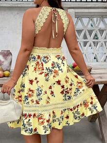 SHEIN Holidaya Đầm hè nữ in hoa phối ren tương phản, thích hợp cho kỳ nghỉ. - Vàng nhạt - Xem 3