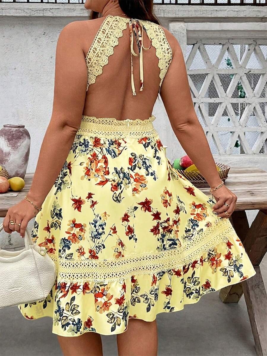 SHEIN Holidaya Đầm hè nữ in hoa phối ren tương phản, thích hợp cho kỳ nghỉ. - Vàng nhạt - Xem 1