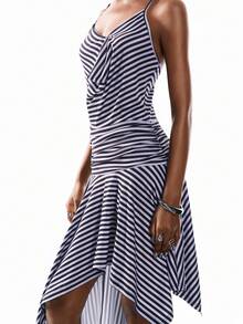 Airlisse Women's Striped Halter Asymmetric Hem Dress - Grey - View 7