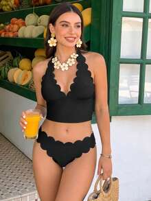 Swim Basics Women's Solid Color Floral Trim Spaghetti Strap Bikini Top And Floral Trim Swim Bottoms, Summer Beach Vacation - Black - View 3