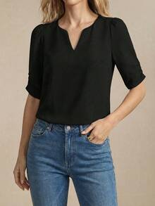 BizChic Áo sơ mi nữ tay ngắn cổ chữ V màu đen, kiểu dáng tối giản thanh lịch, phù hợp cho công sở, đi làm, đi làm hàng ngày. - màu đen - Xem 3