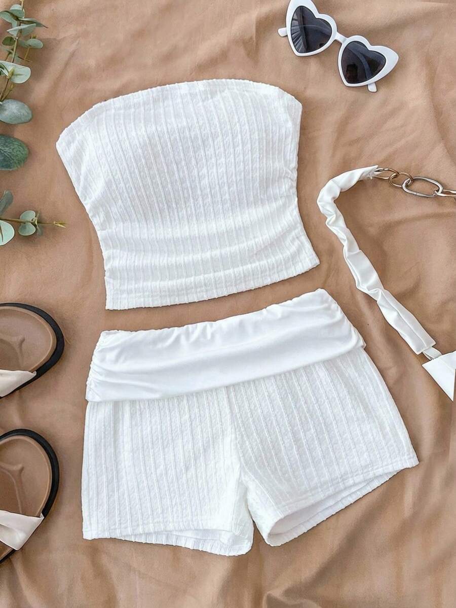 Bộ đồ thể thao màu trắng trơn, tối giản, thoải mái dành cho bé gái tuổi teen, gồm áo tank top và quần short dệt kim, thích hợp cho kỳ nghỉ, đi biển, phong cách thời trang mới. - trắng - Xem 1