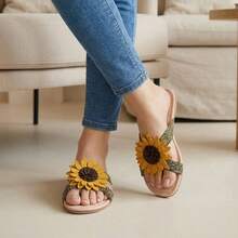 Flat Sandals With Sunflower Application Stripes Texture Braided MIA100 Beach Style Spring - 金子 - 查看 2