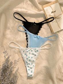 CottageSlumber 3pcs/Set Women's Lace Patchwork Floral Thong Panties - Multicolor - View 1