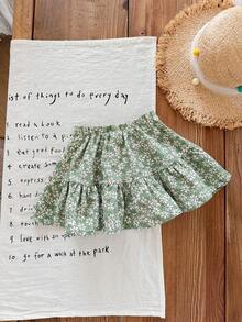 SHEIN LMoss Kids Babygirl Cute Floral Elastic Waist Mini Skirt, Summer - Green - View 4