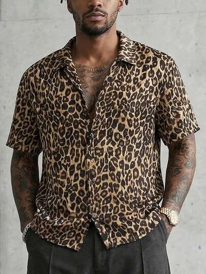GENTILAND Men's Casual Multicolor Leopard Print Woven Fabric Shirt With Shirt Collar Short Regular Sleeves And Regular Length Men Cuban Shirt Men's Vaca Shirts Cheetah Print Men Shirt Men Leopard Shirt Men Party Shirt