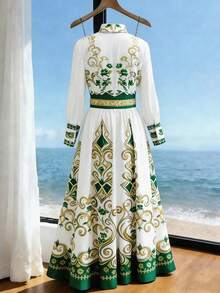 Franclia Vestido largo con estampado retro, cuello con volantes y dobladillo con volantes, estilo palacio de vacaciones para mujeres - Verde - Ver 2