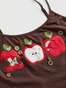 ROMWE Avant Millennium Vintage Spring/Summer Basic Versatile Apple Embroidered Floral Button Decor Plus Size Camisole And Tank Top - Brown - View 1