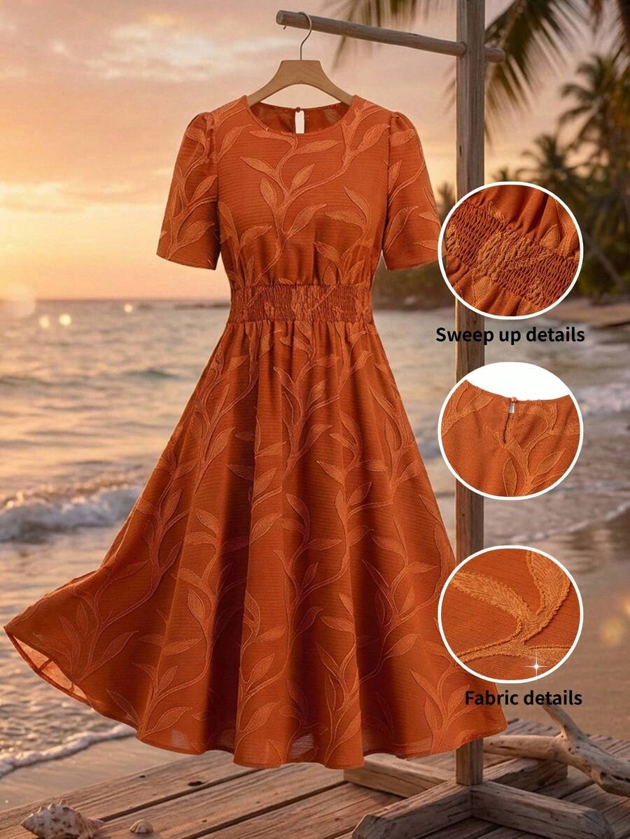 Ellevyn Orange Silhouette Floral Jacquard Romantic Vacation Elegant A-Line Dress - Burnt Orange - View 1