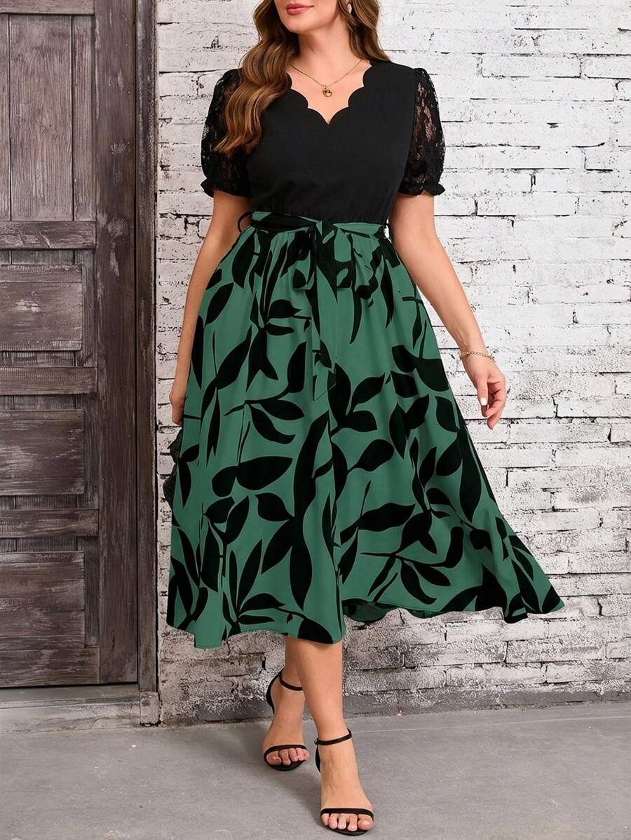 Reflora Plus Size Women's Fashion Color Block Printed V-Neck Dress - Army Green - View 1