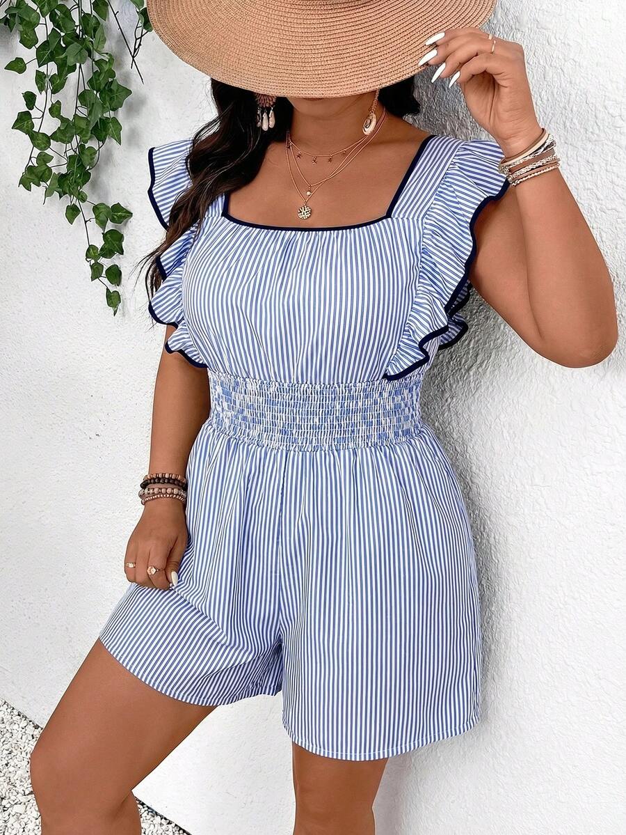 Lounesse Plus Size Casual Striped Ruffle Hem Romper Striped Romper Blue And White Romper Ruffle Sleeve Romper Smocked Waist Romper Casual Romper - Blue and White - View 1