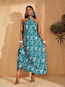 Lunelith SHEIN Lunessa 扎染图案数码印花长领连衣裙 - 青碧色 - 查看 3