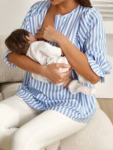 SHEIN Nursing Top With Frill Trim, 3/4 Sleeve, Round Neck, Half-Placket, A-Line Hem, Striped Nursing Blouse - Blue and White - View 6