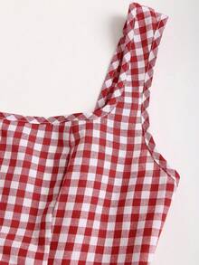 法式甜美风红色格子复古小方领修身显瘦性感露背夏季度假短裙，饰有蝴蝶结，百搭优雅派对浪漫风女装 - 酒紅色 - 查看 4