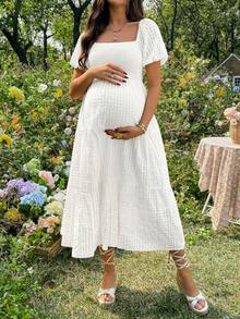 Lyckli Maternity Solid Color Raglan Sleeve Casual Midi Dress - White - View 3