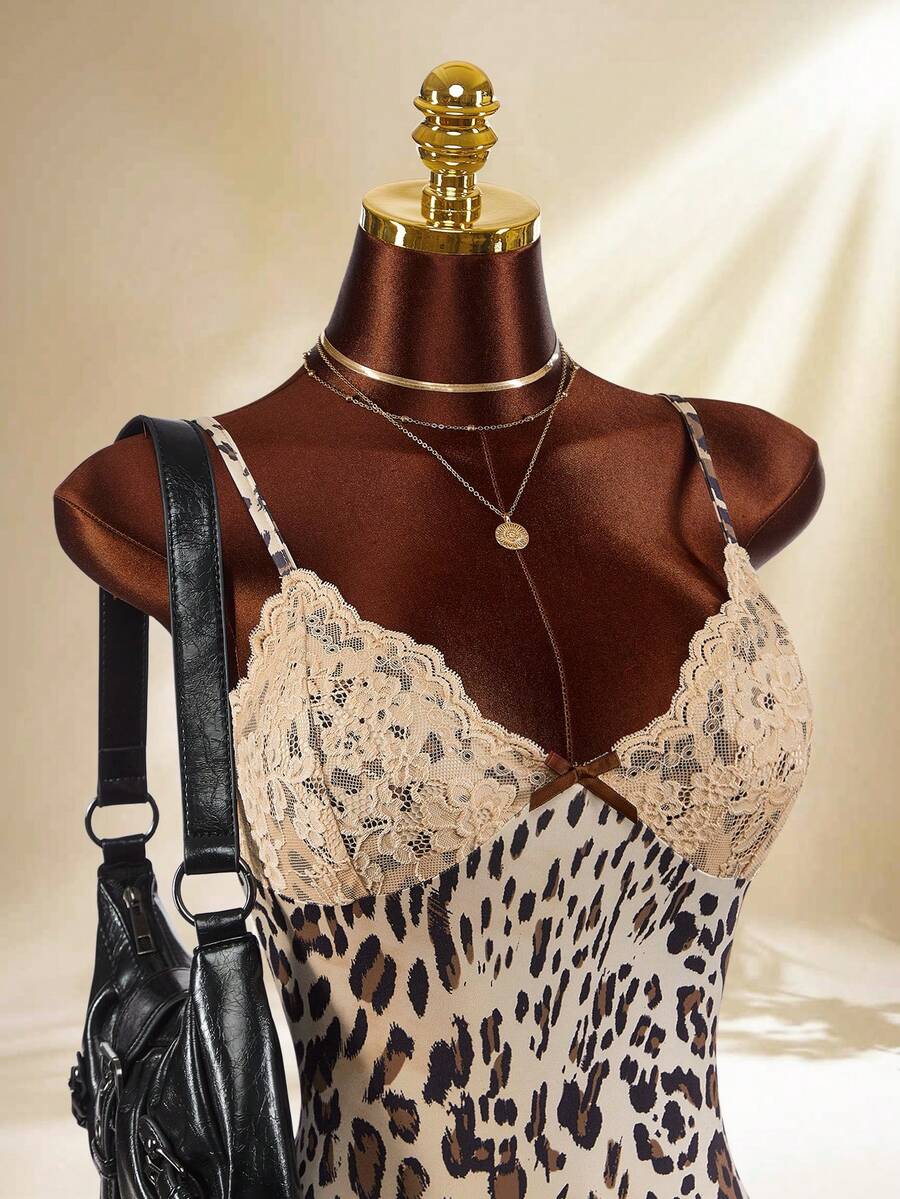 Amplova 女士性感蕾丝拼接波点印花修身吊带迷你连衣裙，夏季女士紧身连衣裙蕾丝边连衣裙豹纹连衣裙女士连衣裙Y2K夏季女装春季女装节日女装复活节连衣裙女士派对服装婚礼宾客服装毕业典礼服装女士休闲服装女士度假服装 - 棕色 - 查看 1