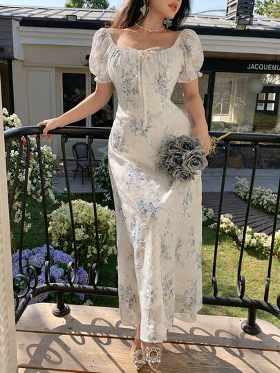 DAZY 2024 Summer Floral Puff Sleeve Waist Cinched Chiffon Dress, Feminine French Style Maxi Dress Sundress Boho Vacation Outfits Women