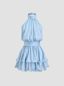 Sweetra 女士蓝色露背吊带收腰双层荷叶边连衣裙，优雅欧美风，适合派对、晚宴、浪漫海滩度假等场合。 - 藍色 - 查看 1