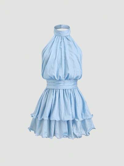 Sweetra Women's Blue Halter Backless Waist Cinching Double Ruffle Hem Dress, Elegant European And American Style, Suitable For Parties, Galas, Romantic Beach Vacations