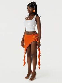 Amplova 2026 Low Waist 3D Floral Asymmetrical Hem Mini Skirt - Orange - View 6