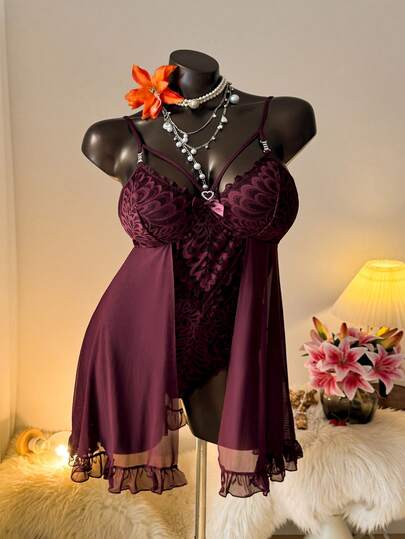 Auralis Bộ đồ lót liền thân ren lưới mỏng gợi cảm cỡ lớn dành cho nữ