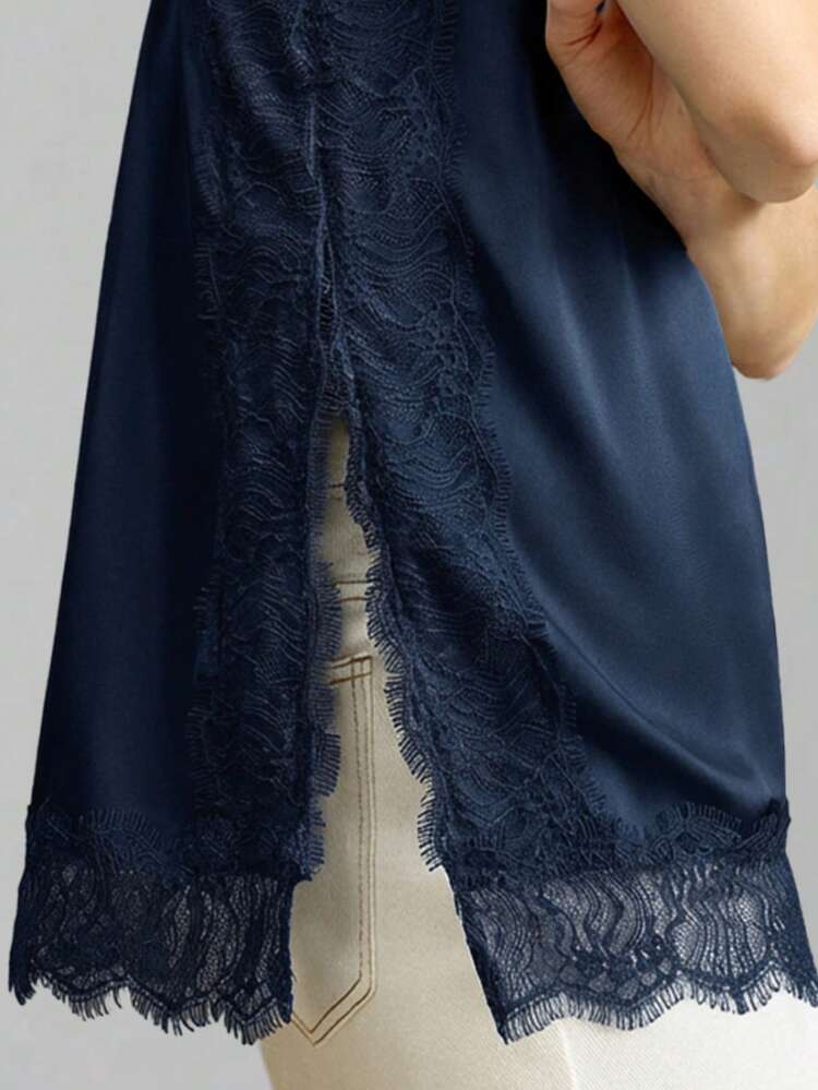 Stylish Navy Blue Embroidered Long Cami Tank Top For Women Featuring A Flattering Split Design And Woven Fabric All-Season Versatile Modern Urban Fashion Business Casual Women's Wear Office Attire Understated Old-Money Style, Elegant And Sophisticated, High-Quality Commuter And Airport Women's Wear Bohemian Style Vacation Outfits Seaside Women's Clothing, Country Music Concert Style, Western Style Clothing, Nomadic Casual Fashion Boho Deep Bue