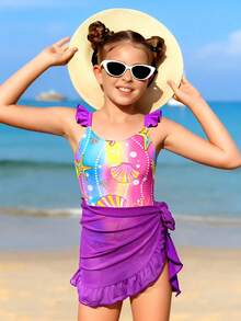 SHEIN 少女可爱蝴蝶结印花肩带荷叶边设计连体泳衣，下摆饰有荷叶边，适合游泳、度假、夏季海滩穿着 - 彩色 - 查看 3