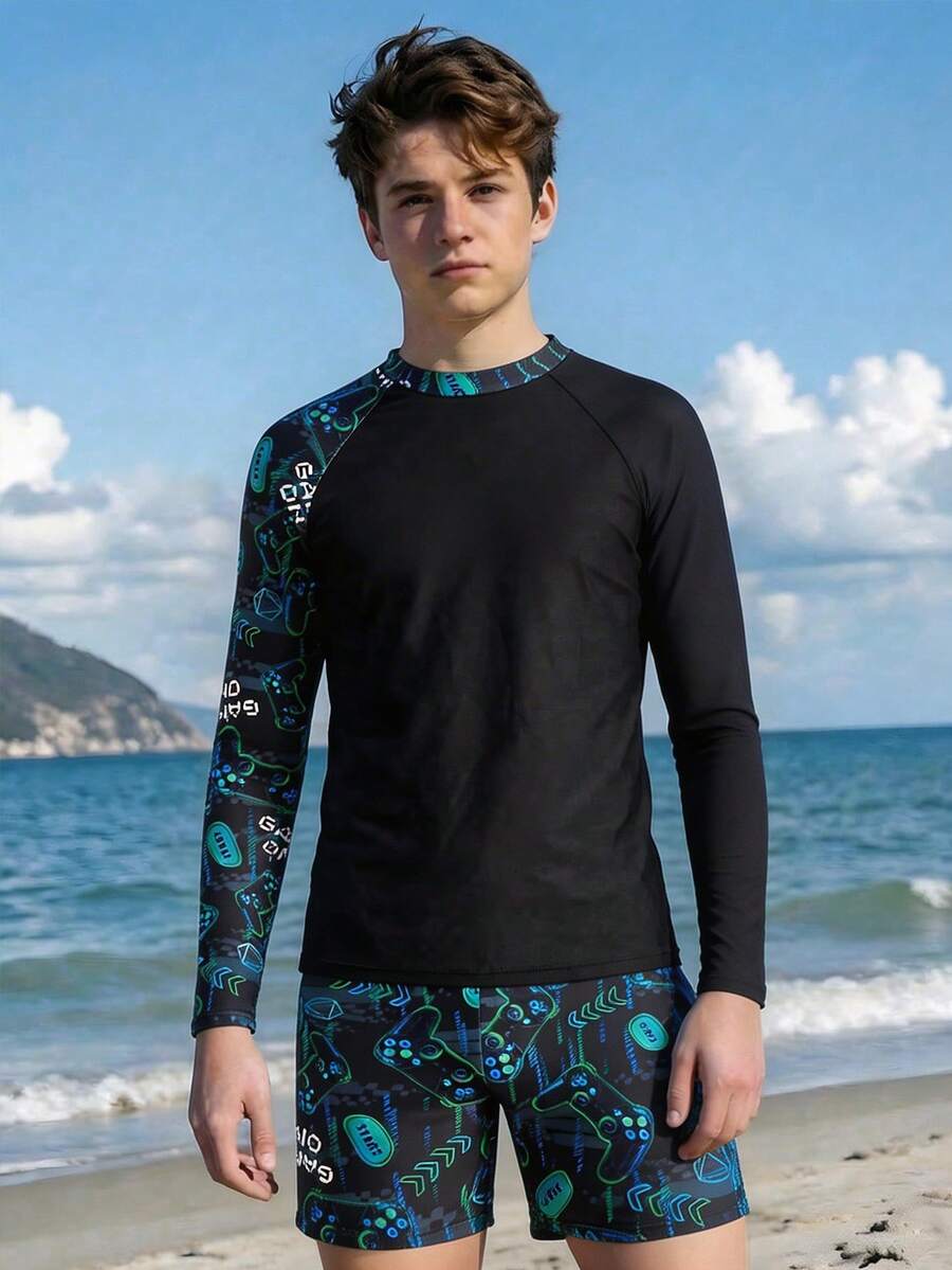 SHEIN 2pcs Teen Boys Casual Vacation Game Console With Night Vision Fluorescent Print Long-Sleeved Swimsuit And Swim Trunks, Suitable For Beach Vacations And Pool Parties, Perfect For Spring And Summer. - Black - View 1