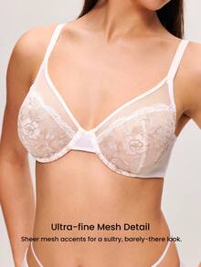 LUVLETTE Woman Lingerie Full Coverage Pushup & Breathable Underwire Sexy Unlined Embroidered Lace White Wedding Bridal Bra Mesh & Lace Bra White Minimizer Bra - Gold - View 2