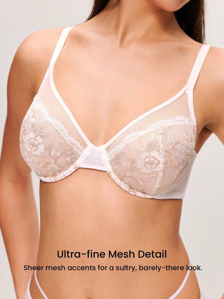 Plus Full Coverage Unlined Embroidered Lace Bra