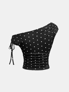 Girlism 少女夏季休闲度假波点印花抽绳褶皱扭结不对称领修身T恤 - 黑與白 - 查看 2