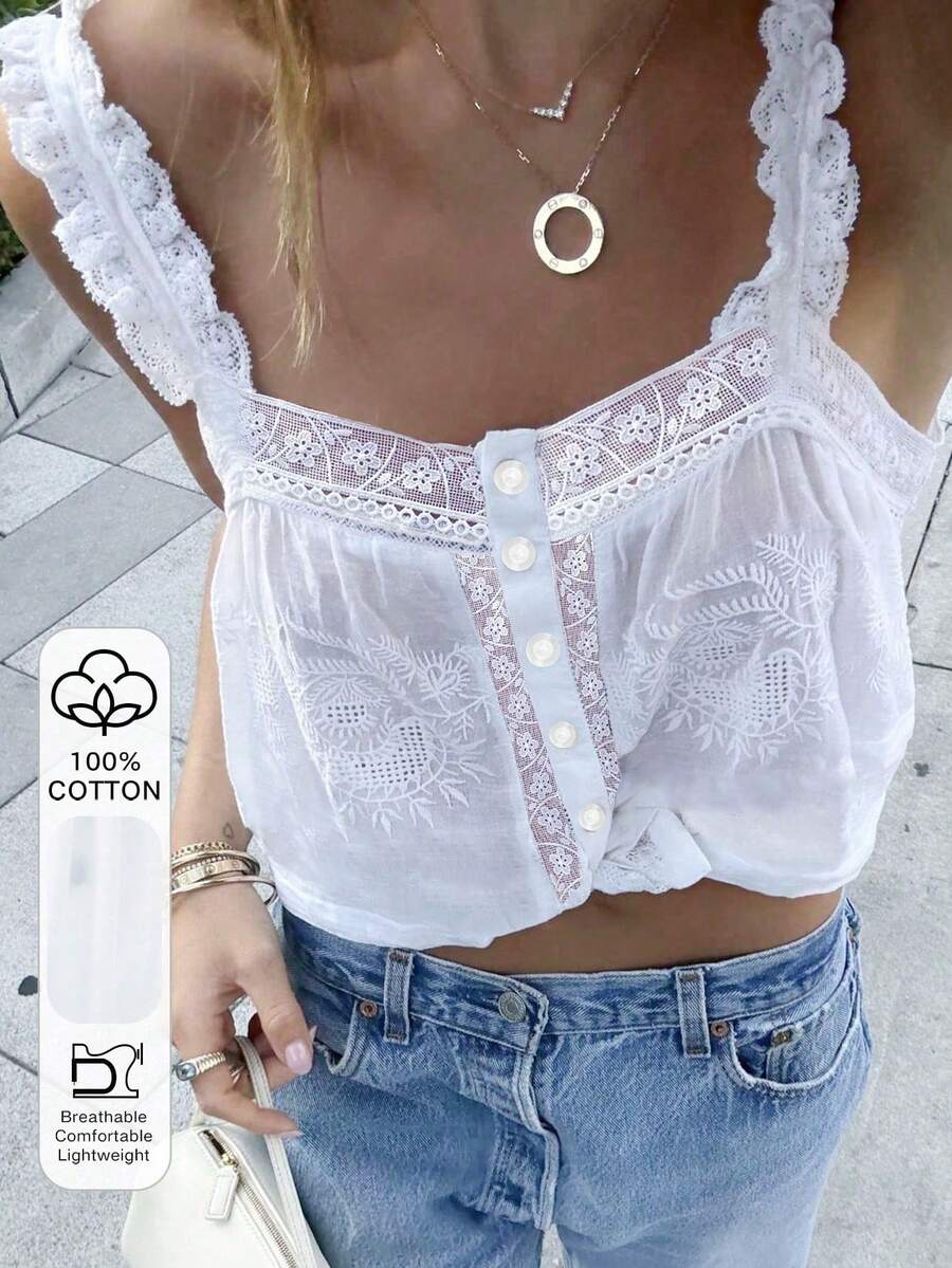 DAZY 女士休闲纯色蕾丝边吊带背心，夏季露脐上衣 - 白色 - 查看 1