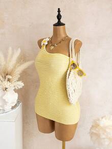 Bellisia Women's Yellow Summer Casual Vacation Holiday Backless Camisole High Waist Bodycon Dress,Hibiscus Accessory Elegant Wavy Bikini Swimsuit Coverup - Yellow - View 4