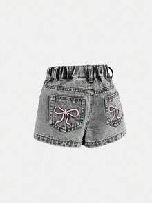 SHEIN 女婴蓝色牛仔短裤，带刺绣蝴蝶结图案 - 淺灰色 - 查看 3