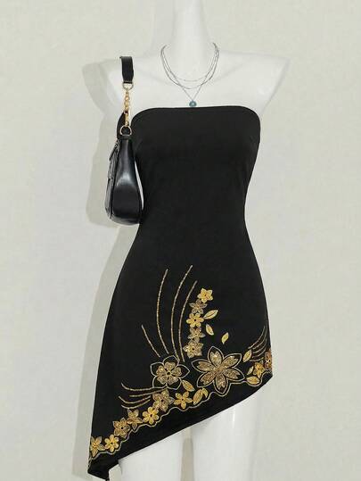 Ellevyn Women's Fashion Asymmetrical Hem Sequin Strapless Mini Dress  Black Top Sequin   Sequin Dress   Sparkly Dress  Women's Summer Short-Sleeve Black Knit Elastic Strapless Sequined Embroidered Mini Dress - Elegant Banquet Party Wedding Dress Summer Outfit For Womensummer Top