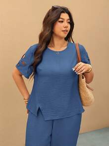 Elaquor Plus Size Women Solid Color Round Neck Short Sleeve Shirt And Pants Casual 2 Pieces Set - Blue - View 5