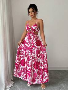 Elenzga Women's Floral Printed Waist-Cinched Maxi Dress,Red And White Summer Beach Vacation Holiday Outfits,Daily Wear Commuting Midi Dress Vacay Outfit - Hot Pink - View 6