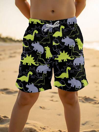 Tween Boys' Casual Loose Dinosaur Print Beach Pants, Suitable For Summer, Beach, Outdoor, Swimming