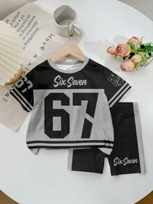SHEIN Bộ 2 món quần short tay ngắn phong cách tối giản thường ngày dành cho bé gái, thích hợp cho mùa hè, kiểu dáng thể thao cổ điển, in hình số 6, 7, "Sáu", "Bảy" kinh điển. - Nhiều màu - Xem 3