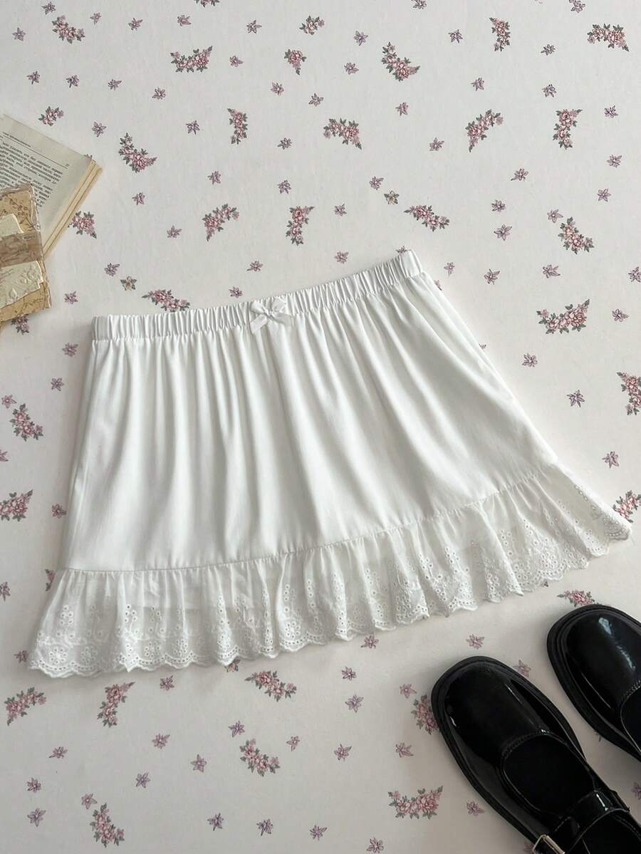 Flirla Women's Mini Skirt With Bow Decor, Eyelet And Ruffle Hem, New Vacation Casual Style - White - View 1