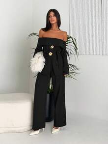 Ronhire 2 件套女士优雅露肩长袖上衣和裤子套装，适合秋冬季通勤 - 黑色 - 查看 2