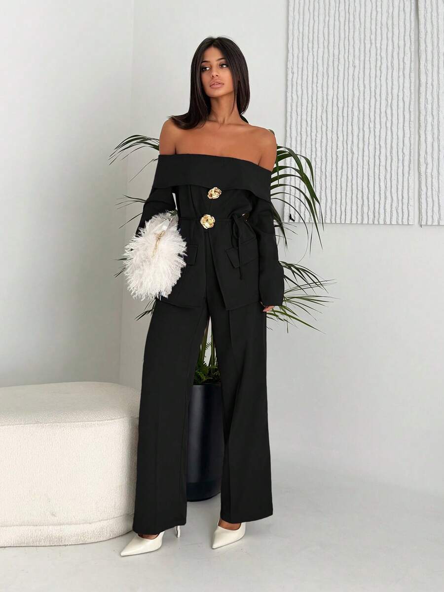 Ronhire 2 件套女士优雅露肩长袖上衣和裤子套装，适合秋冬季通勤