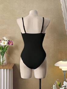 Swim Mod 女士浪漫度假下午茶清新甜美浅粉色可可纹理可调节蝴蝶结连体泳衣 - 黑色 - 查看 5