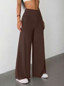 SHEIN PETITE Women's High Elastic Wide Leg Black Trousers - Brown - View 5