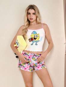 SpongeBob SquarePants | SHEIN 女士卡通印花吊带背心和短裤睡衣套装 - 彩色 - 查看 5