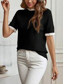 Louniche Áo len tay ngắn cổ tròn màu mơ thanh lịch, viền ren, thích hợp mặc đi làm, ở nhà và mặc hàng ngày, mùa xuân/hè. - màu đen - Xem 6