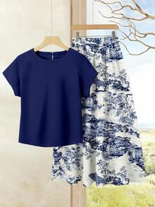 Rusticease 女士度假休闲纯色上衣+印花半裙套装（2件套），女士夏季服装，夏季半裙套装，半裙上衣套装，女士半裙上衣套装，印花半裙套装 - 彩色 - 查看 1